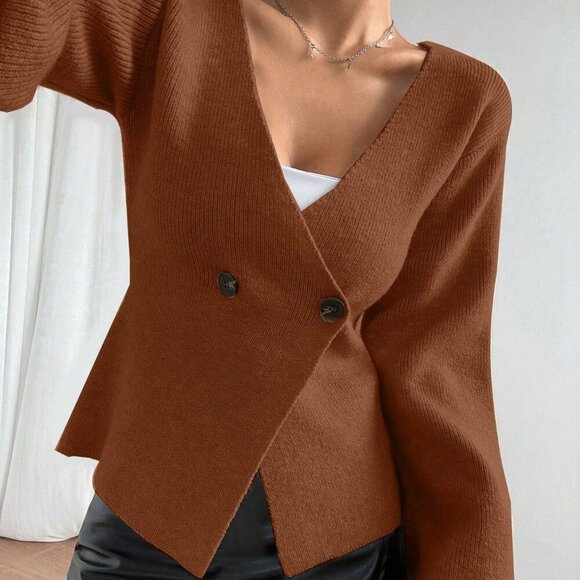 Brown Casual Women's Button Front Long Sleeve knit cardigan - Picture 5 of 7